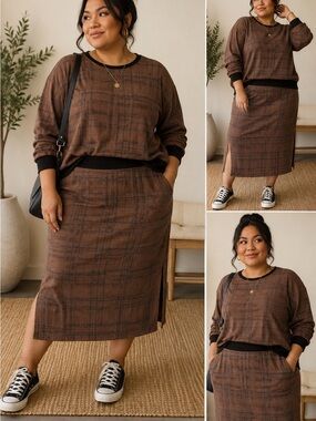 Cuddl Duds Brown Plaid Midi Skirt Set